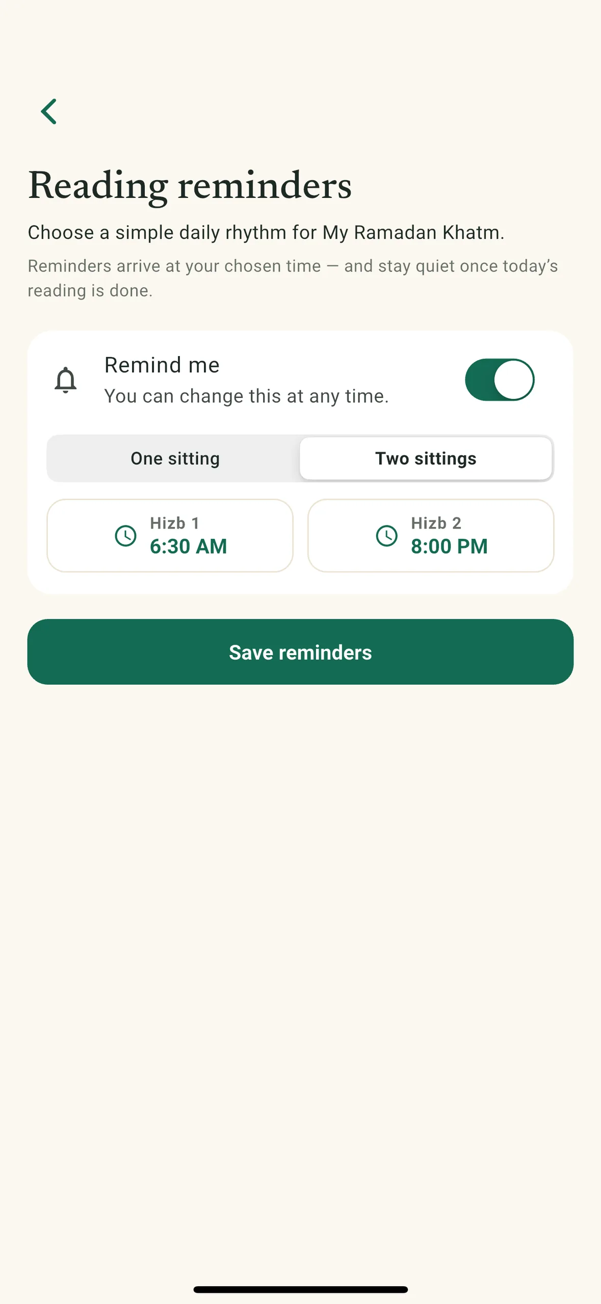 Personal reading reminders, two sittings a day